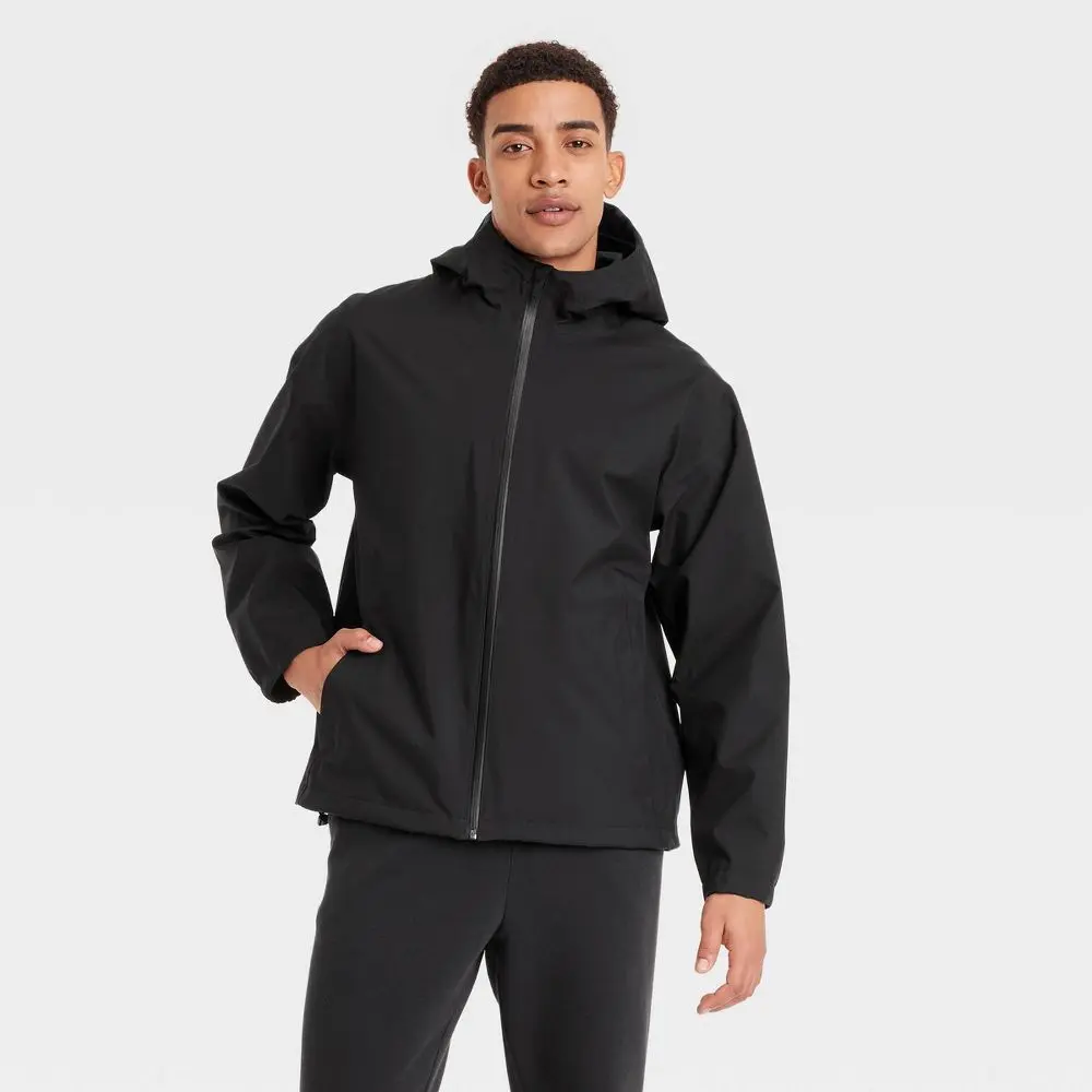 Men's Waterproof Rain Coat - All In Motion Black M: Recycled Polyester Lightweight Regular Fit Adjustable Hood Breathable Fabric