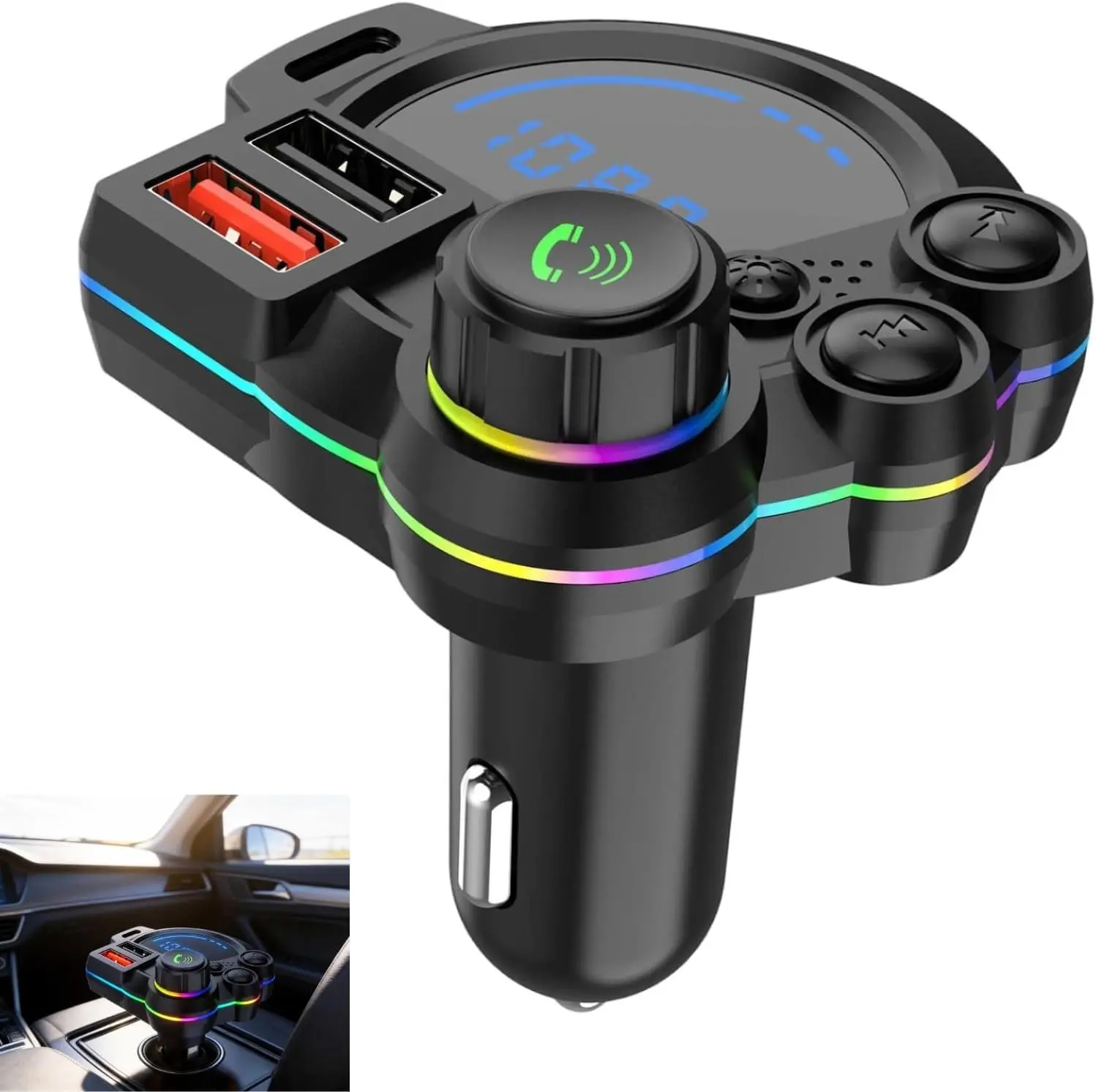 【summerfinds】PD 20W Type-C Car Charger & Bluetooth 5.3 FM Transmitter, Wireless MP3 Player with Dual USB Ports, Bass Sound Enhancer, RGB Glowing Radio Adapter, Hands-Free Calls, Car Accessories & Road Trip Essentials, Compatible with 12V-24V