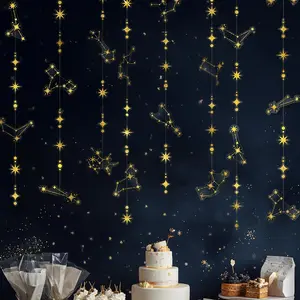 Glitter Celestial Party Decorations Constellation Birthday Decoration Star Garlands Witchy Backdrop Astrology Decor Zodiac Theme Banner Hanging Stars Streamer Galaxy Party Suppplies (Gold)
