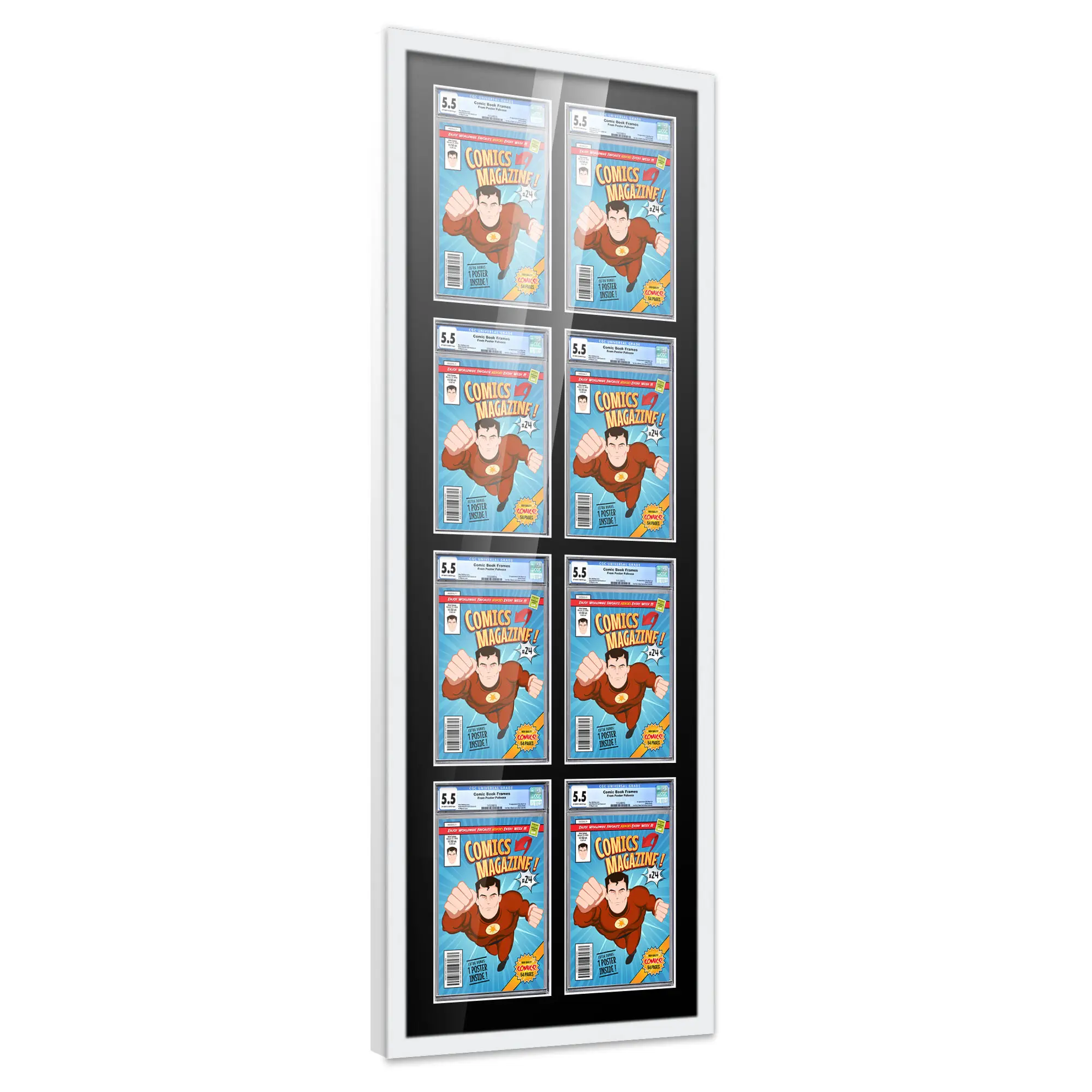 Comic Book Frame with Mat for 8 Graded Comics - White Wood Comic Frame With Black Mat for 8.125x13 Comics - 21x58.5 Frame Size