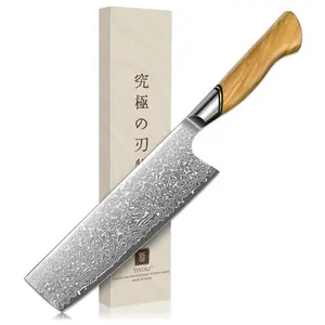 TIVOLI 6.5 Inch Damascus Nakiri Knife, Kitchen Knife for Vegetables & Meat with Ergonomic Olive Wood Handle, Ideal Gift for Parents