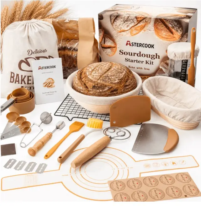 Astercook Sourdough Starter Kit, 56-Piece Bread Making Kit with Round & Oval Bread Proofing Baskets, Complete Sourdough Bread Baking Supplies Set, Perfect Gifts for Beginners & Home Bakers