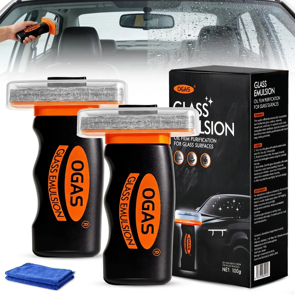 2PCS Car Glass Cleaner with Brush, Removes Oil, Glass Oil Film Remover for Car, Grease & Fog, wiper residue, Anti-Fog Glass Emulsion Cleaner for Clear Driving Visibility