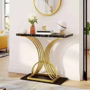 Lifestar Sleek Golden Accent Console Table with Marble- Like Top for Entryway