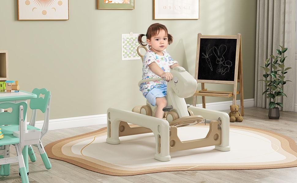 Qaba 3-in-1 Kids Portable Slide Rocking Horse Toy with Basketball Hoop for Age 1.5-3 Boys and Girls, Mint Green