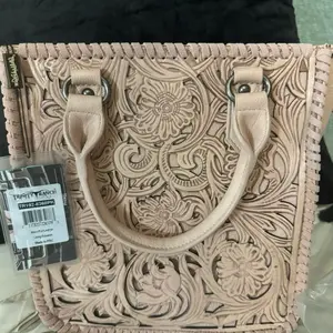 Trinity Ranch Floral Embossed Leather Handbag with Detachable Strap and Zipper Closure