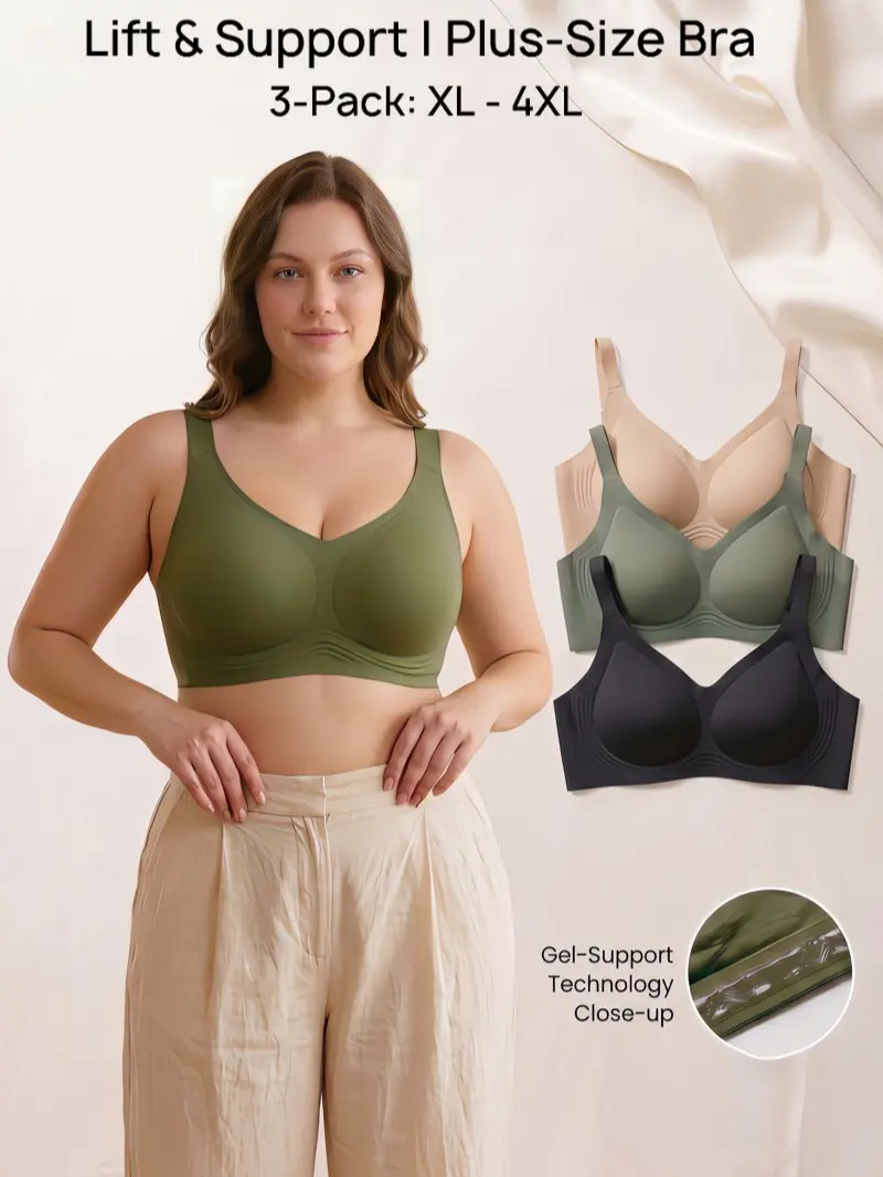 3-Pack Wireless Lift & Support Bra for Large Bust 1XL-4XL Plus-Size Full Coverage Comfortable Anti-Slip Smoothing Bras Bridal