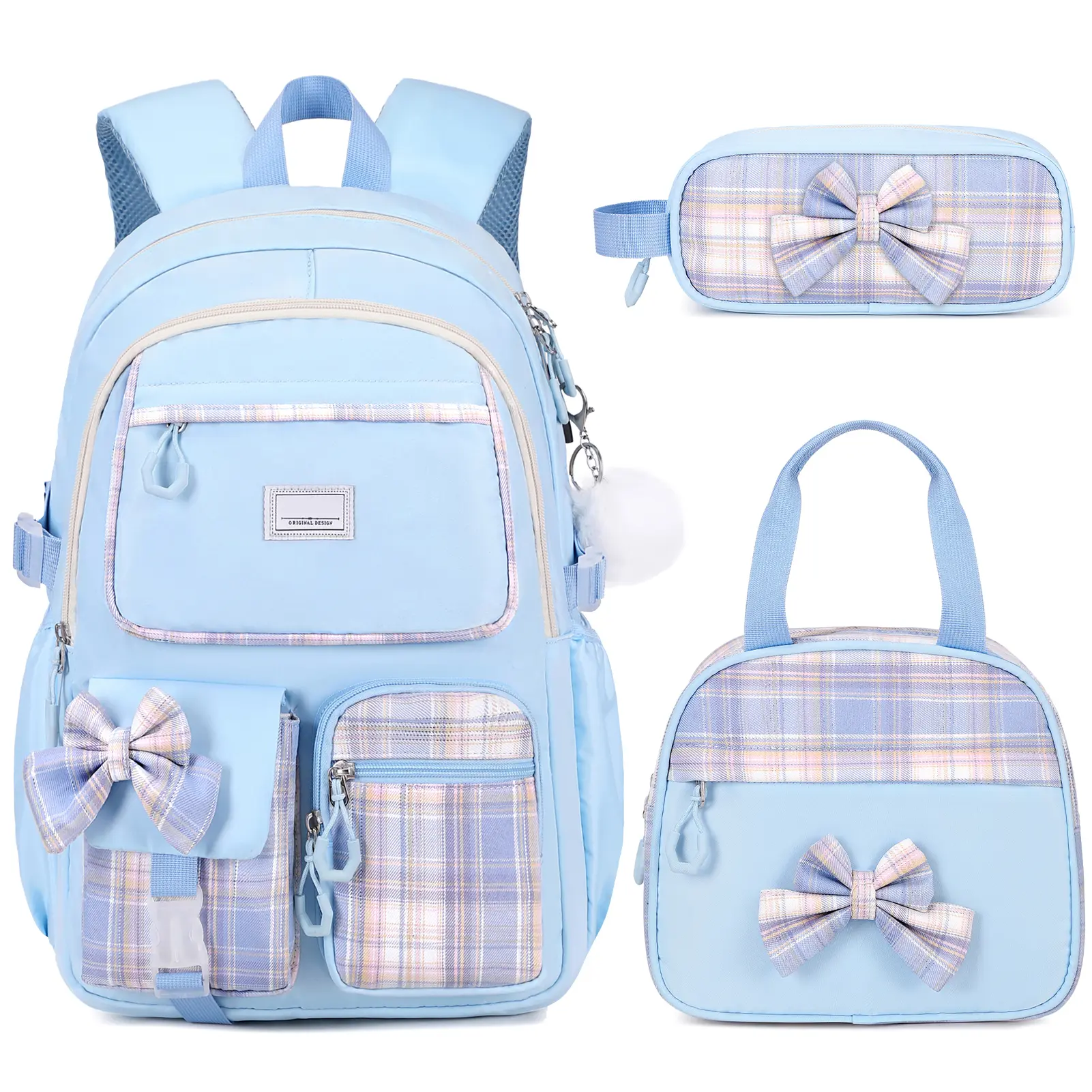 Similove 3/4PCS Cute Bow Backpack for School, Waterproof Plaid Cute School Bags with Lunch Bag & Pen Case, or a headphone Bookbag for Teens Elementary Middle Student, Back to School Gift with USB Charging Port, dealsforyou  Organiser