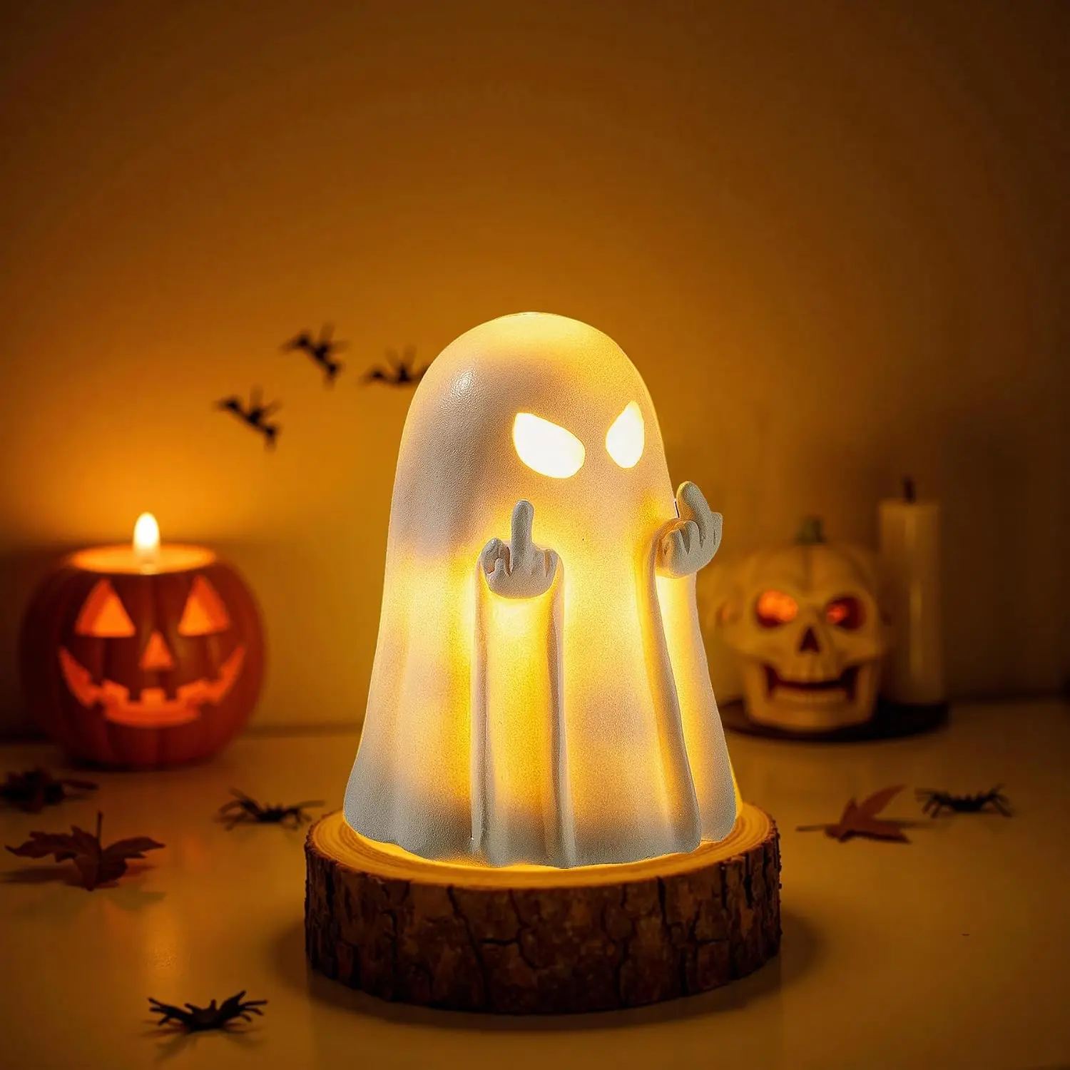 Light-Up Ghost Figurine, Resin Halloween Desk Decor with Middle Finger Gesture for Indoor Shelf, Mantel and Party Display