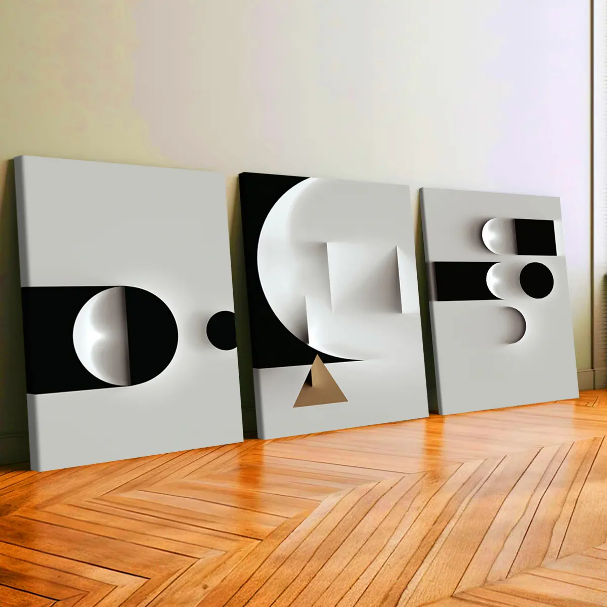3Pcs Artistic Wooden-Framed Canvas Painting Set - Abstract Geometric Black & White Abstract Art, Waterproof Odorless Decorative Wall Art for Living Room, Kid Room, Home Supplies, Living Room Decor