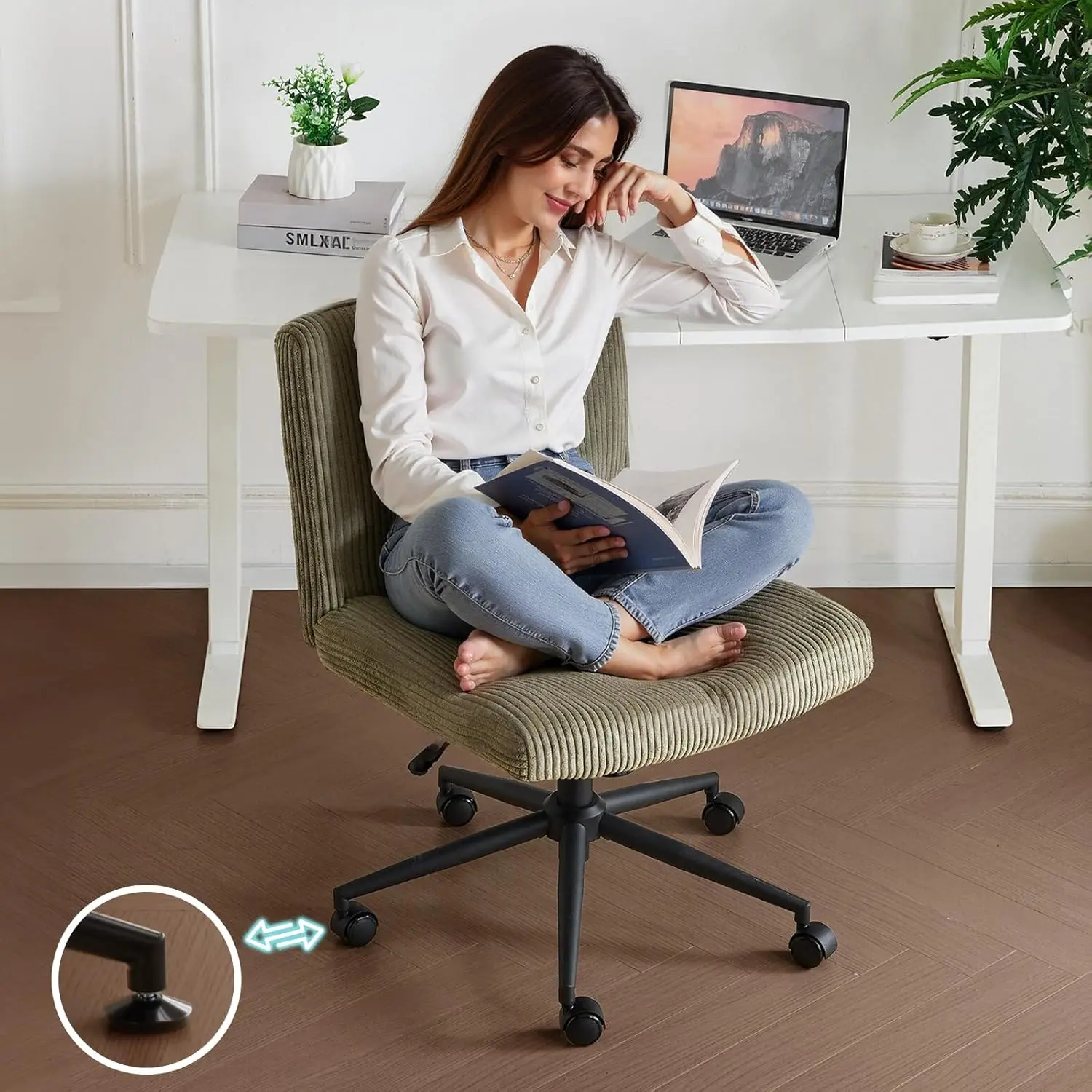 VINGLI Olive Green Traditional Cross-Legged Office Desk Chair - 360-Degree Rotating Seated Desk Chair with Comfortable Cushiony Wide Seat, Adjustable Tilting Function, 360-Degree Desk Chairs, Comfortable Desk Chairs