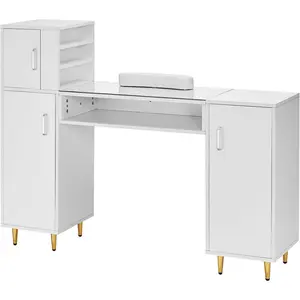 VEVOR Manicure Table, Glass Top Nail Tech Desk, Makeup Dressing Station with Spacious Storage Cabinets, Acetone-Resistant Nail Tech Table with Wrist Rest, 8 Metal Legs for Spa Beauty Salon, White