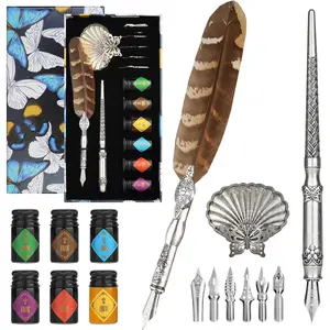 Quill Pen and Ink Set, Dip pen with 6 bottles of ink,Antique Calligraphy Pen,Metallic Dip Pen,6 Replaceable Nibs-Basic Calligraphy Kit-for Beginners and Calligraphy Lovers MA-L26