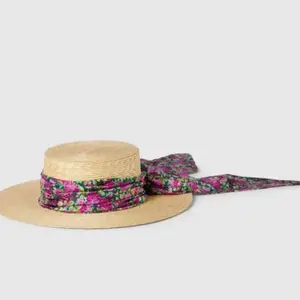 Pre-owned Gucci Raffia Wide Brimmed Hat Purple/Green Ribbon Size Small