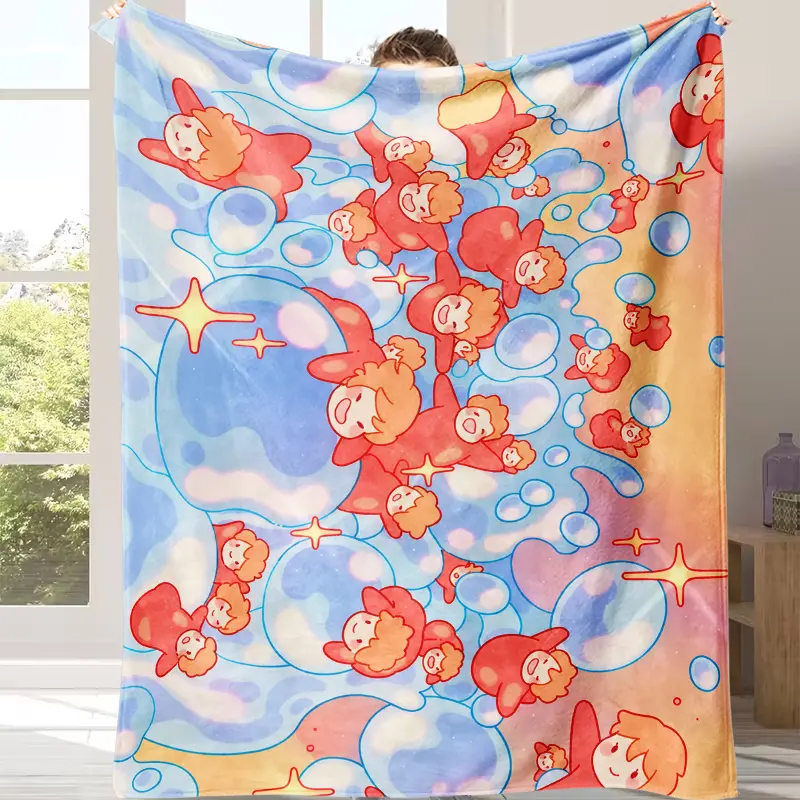 Ponyo Cartoon Printed Flannel Throw Blanket - Fuzzy Soft, Cozy, Warm Decorative Sofa Blanket for Bedroom, Travel, Giftable Home Textile, Cartoon Printed Blanket