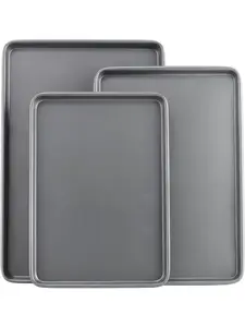 Everyday Nonstick Baking Sheet Set, 3 Pack Includes One Small, Medium & Large Pan Carbon Steel Construction Cookie Sheet Bakeware Set, Gray