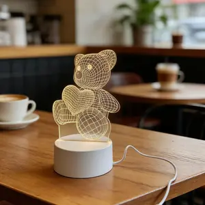 Cartoon 3D Acrylic Heart Bear Night Light, Bedroom Bedside USB Plug-In LED Atmosphere Lamp, Cute and Cozy Nightlight for Kids' Rooms