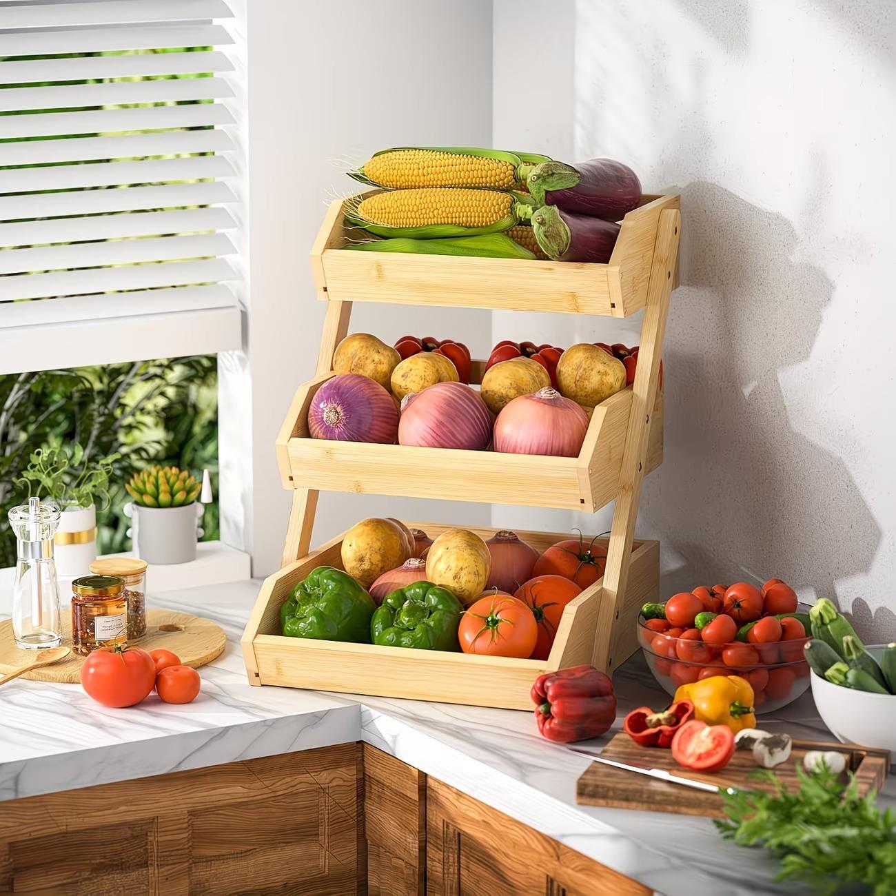 3/2 Tier Wooden Fruit Basket Stand – Large Capacity Countertop Organizer for Fruits, Vegetables & Bread