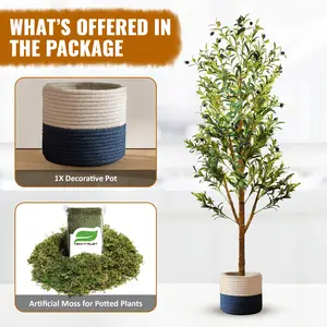 Artificial Olive Tree 5FT Tall Faux Silk Plant with Natural Branches Vases Pot, Moss Lifelike Fruits Home Décor for Bedroom, Office Kitchen Living Room Gift & Decorative