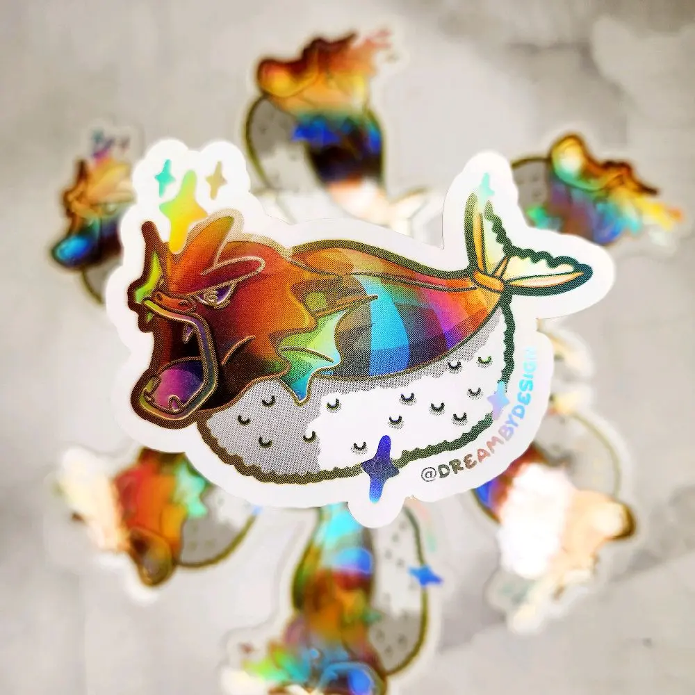 Shiny Gyara-Ebi Nigiri Holographic Vinyl Sticker - Shrimp Design with Reflective Finish, Ideal for Customization and Decoration