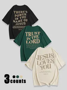 Men's Round Neck Short Sleeve T-Shirt, Text Print, Perfect Christian Boy Top, Casual Fitted Long Tee, All Seasons Wear, Casual Streetwear Top