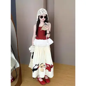Girls' Two-Piece Summer Outfit: Red and White Playful Set with Knitted Camisole + Cartoon Print Long Skirt - Trendy and Cool Casual Summer Wear for Girls
