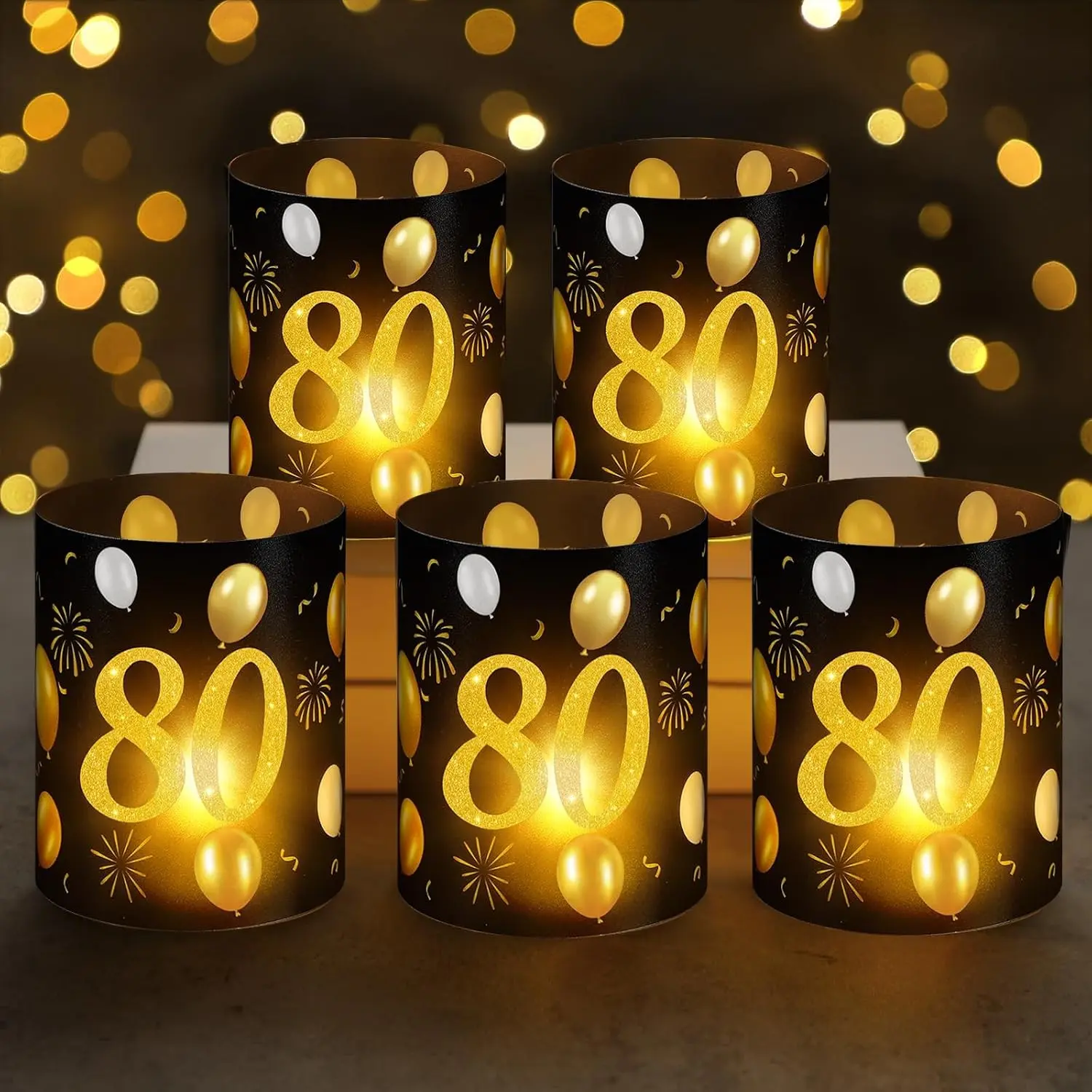 10 Sets 80th Happy Birthday Table Centerpieces Black Gold Birthday Decorations Lantern Boxes with Tea Lights Candles for Men Women 80th Birthday Party Supplies