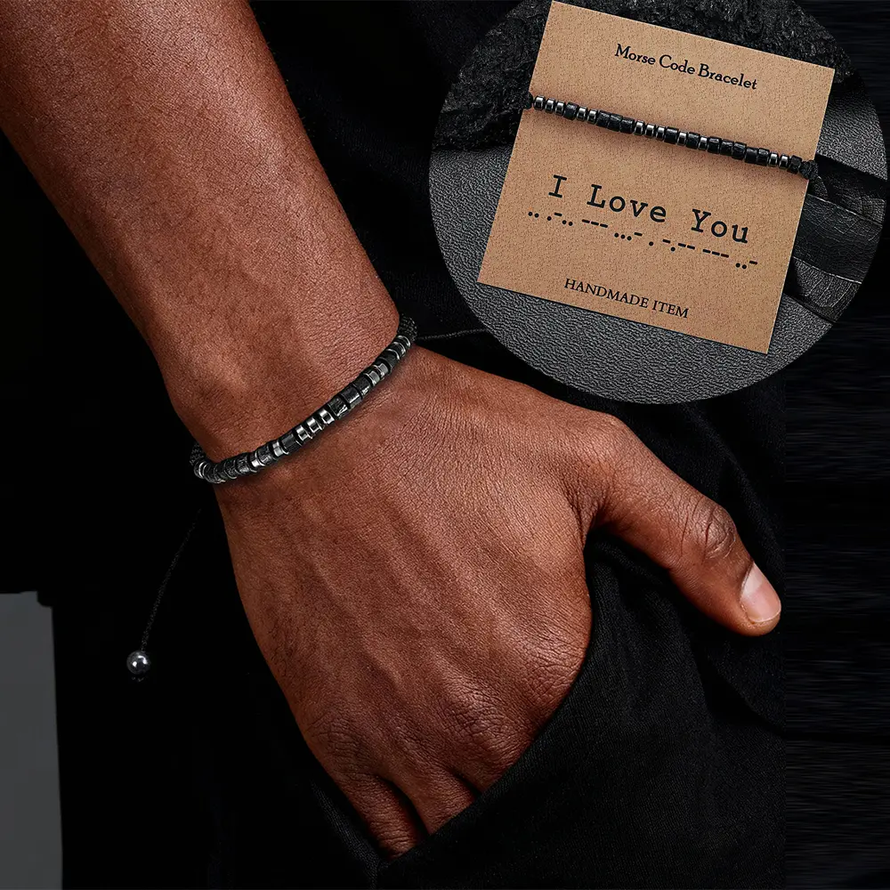 [MANA] Vintage Morse Code Bracelet Casual Adjustable Synthetic Fiber Rope Woven Morse Code Bracelet Chic Stones 'I Love You' Birthdays, Valentine's Day Gift, Anniversaries Beads Bangle Chain