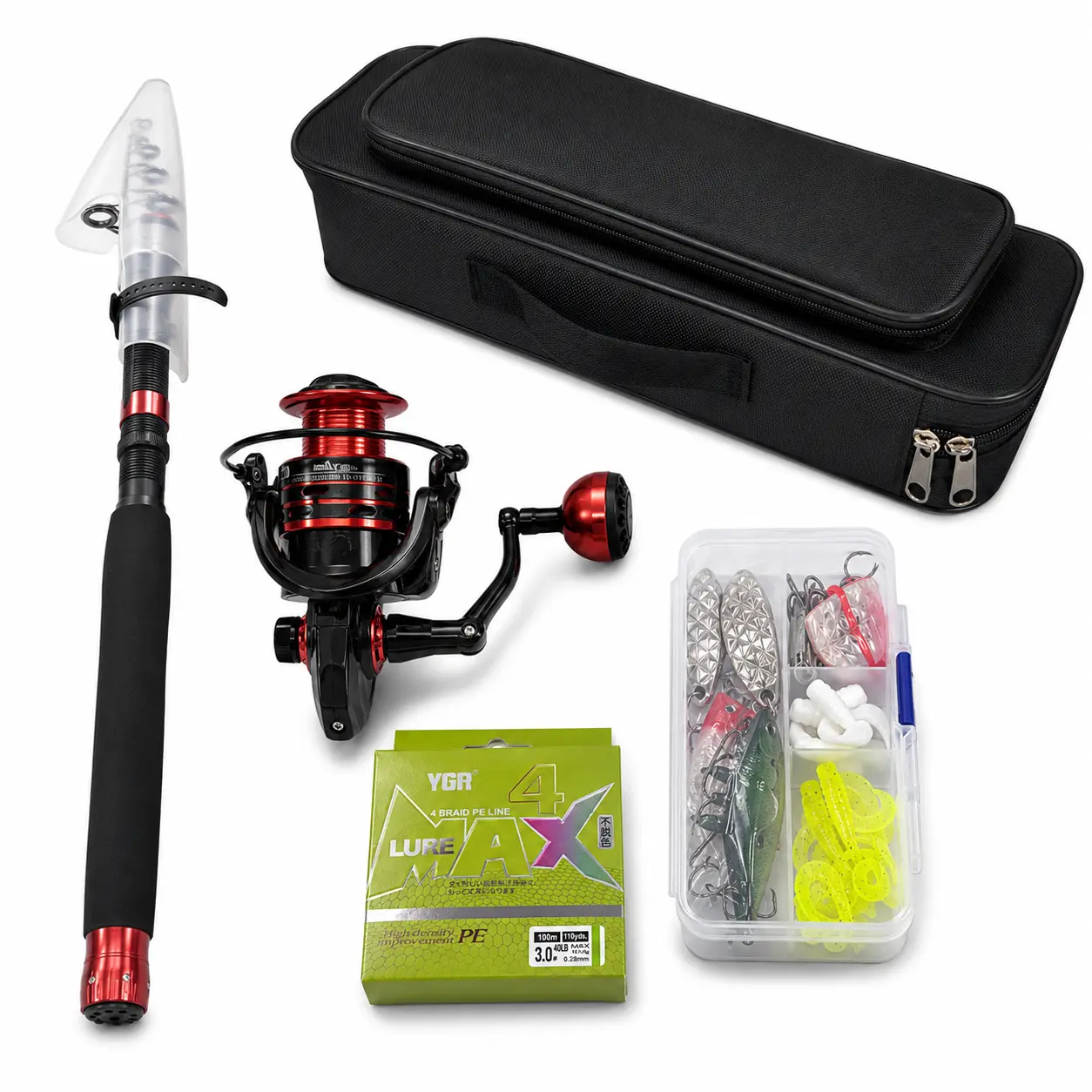 Foldable Telescopic Casting Rod (1.6M/1.8M) - Lightweight Carbon Fiber Portable Rod with Tackle Kit Box, Fishing Holder, Treble Hooks, Camping Fishing Tools & Supplies for Bass, Catfish Angling