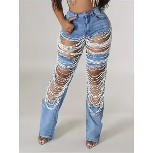 Mid-rise distressed ripped jeans — straight-leg women’s denim pants with pearl chain details, distressed rips/holes, casual fit, streetwear style, comfortable fabric