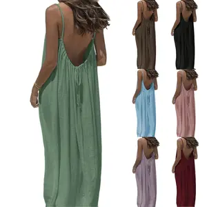 Women's Solid Color Cami Lounge Dress, Elegant Sleeveless Long Dress for Summer, Ladies Sleepwear for Indoor Wear