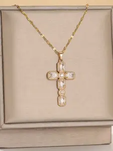 Church Ceremony Style Cross Pendant Necklace Copper Micro-Inlaid Colorful Zirconia Design Titanium Steel Lip Chain Elegant Religious Jewelry For Formal Occasions