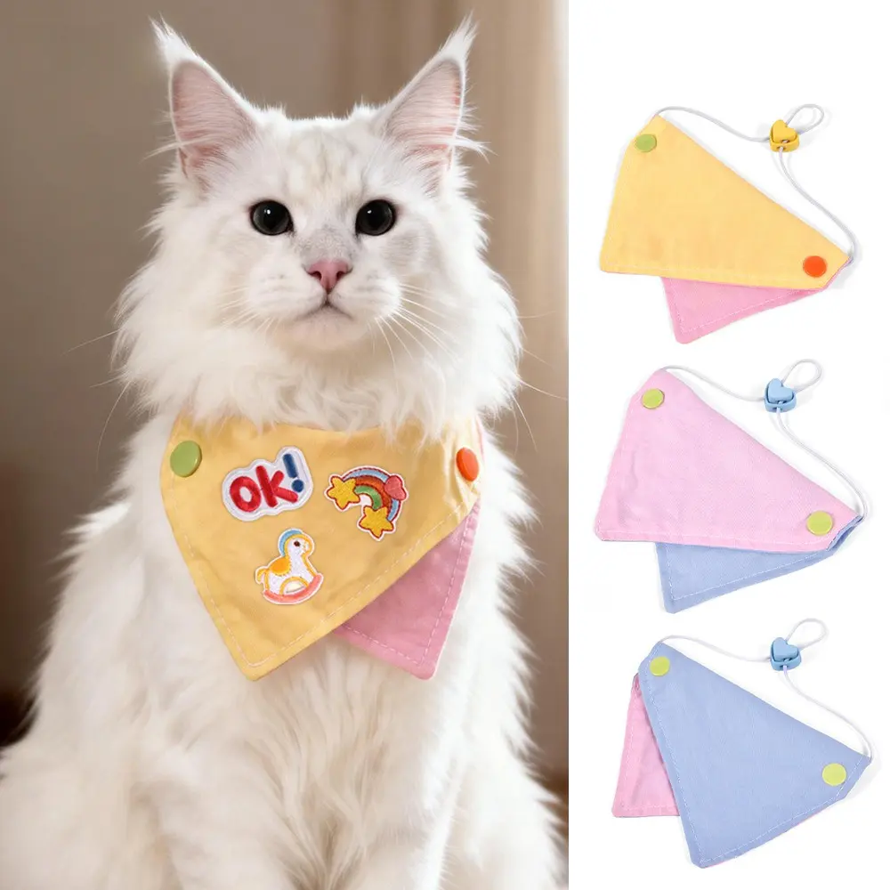 100% Pure Cotton Reversible Dog Bandana - Triangle Scarf with Cute Cartoon Embroidery, 2-Tone Washable Pet Bib for Small, Medium, Large Dogs & Cats
