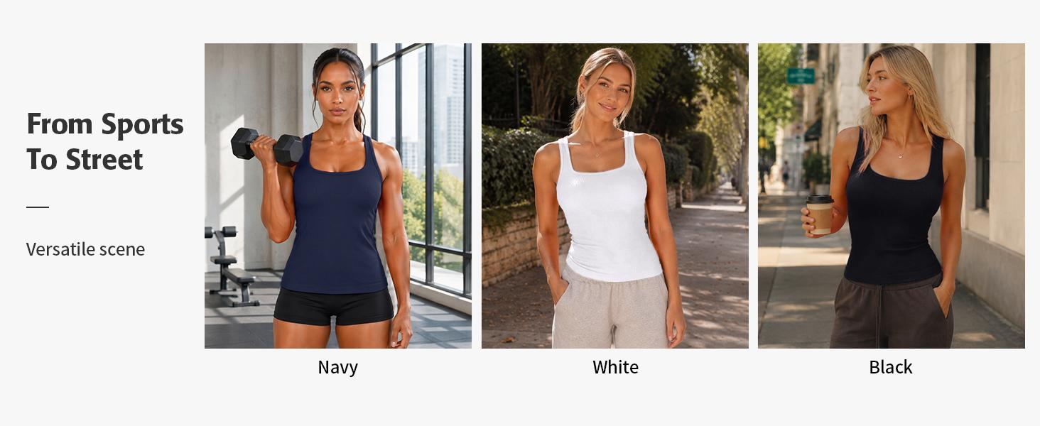 ATTRACO  Ribflex Tank Tops With Built-in Removable Bra Square Neck Female Yoga Athlete  SlimFit Seamless Built-in Bra Workout Tank Top