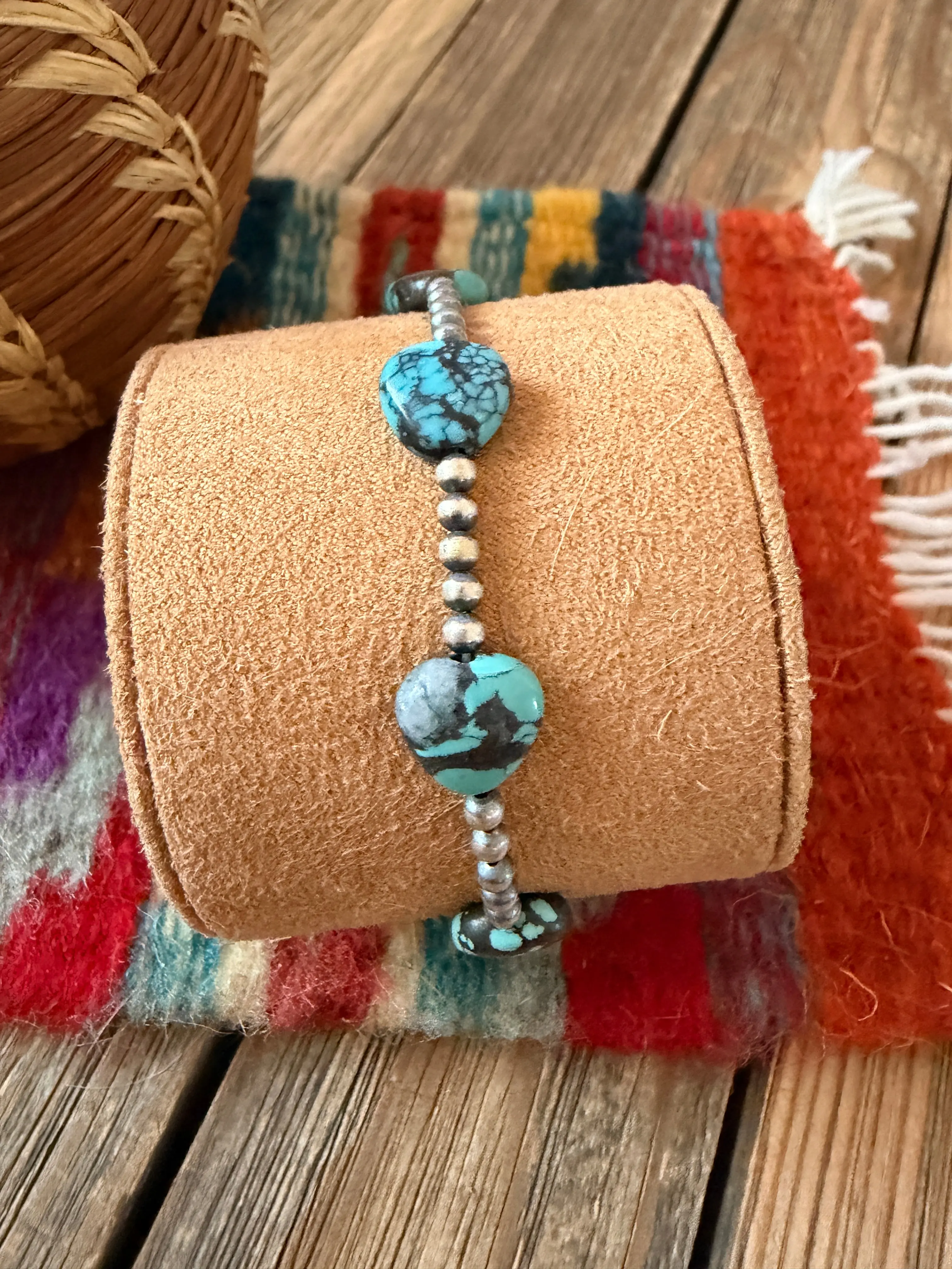 Handcrafted Turquoise & Sterling Silver Beaded Stretch Bracelet