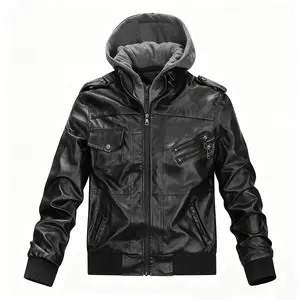 Premium Mens Hooded Leather Jacket - Fashionable Biker Style with Chic Multi Pockets, Durable Soft-shell for Casual Comfort