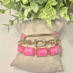The Rachel Pink Bracelet Stack with Gold Accents and Pink Stones for Stylish Everyday Wear