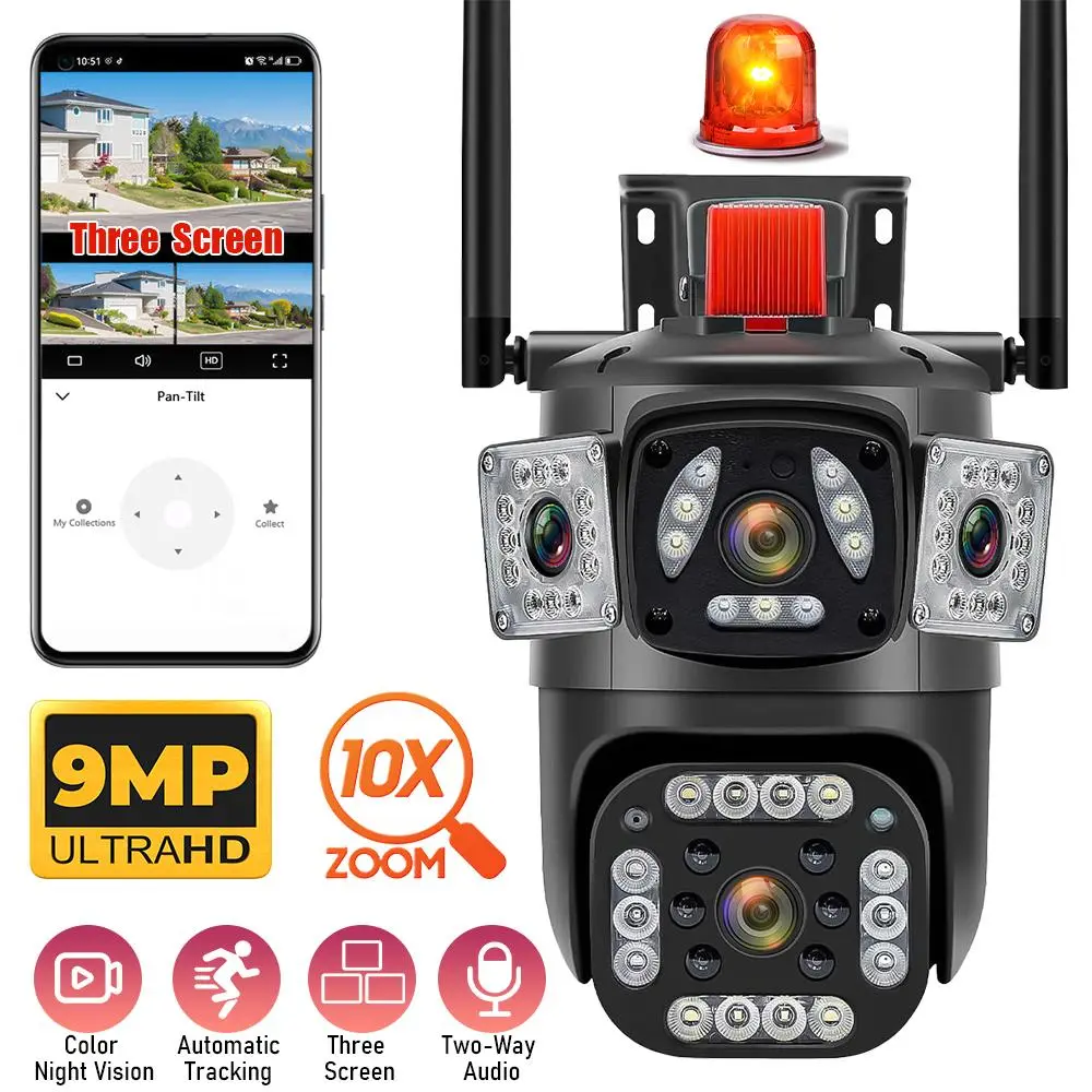 AI Motion Detection Outdoor Security Camera – 9MP 3-Lens 360° Pan/Tilt, Auto Tracking 2-Way Audio Color Night Vision