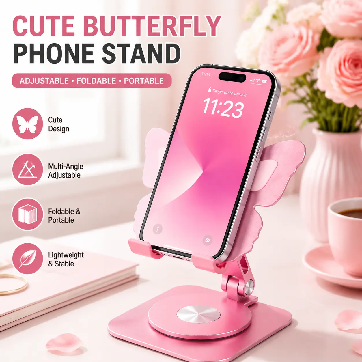 2026 New 360° Rotating Phone Tablet Holder, Butterfly Folding Desktop Stand with Aluminum Alloy Body, Adjustable Non Slip Mobile Cradle for iPhone, Gaming, Video Calls, Home Office and Travel,bright outdoor lantern