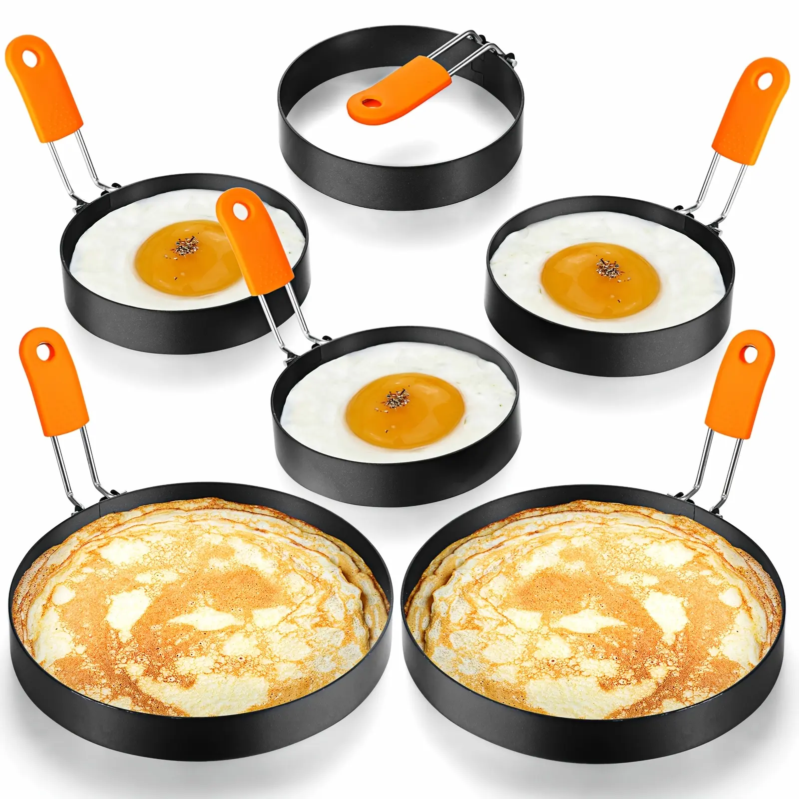 6pcs Professional Egg Ring Pancake Ring Set Stainless Steel Fried Egg Ring Griddle Pancake Shapers with Orange Silicone Handle for Breakfast Omelette Sandwich