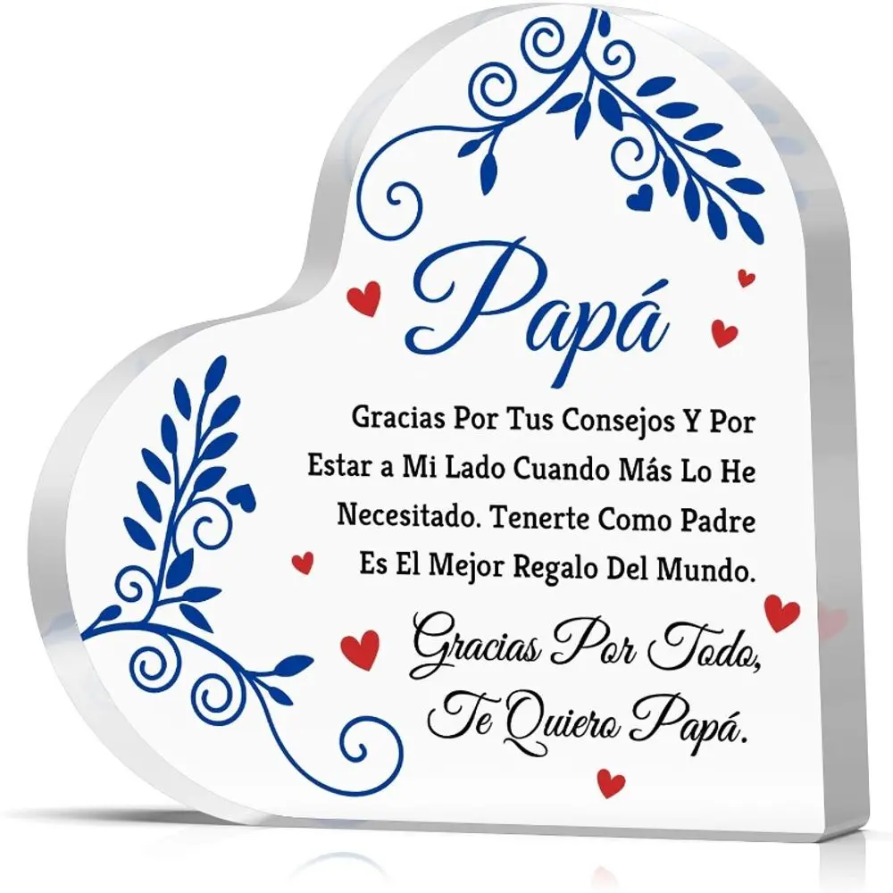Dad Birthday Gift Heart Shaped Acrylic Plaque Fathers Day Gift from Daughter Son Papa Gifts from Kids Christmas Thanksgiving Present for Dad in Spanish Daddy Father Clear Desk Decorative Sign