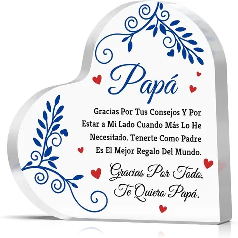 Dad Birthday Gift Heart Shaped Acrylic Plaque Fathers Day Gift from Daughter Son Papa Gifts from Kids Christmas Thanksgiving Present for Dad in Spanish Daddy Father Clear Desk Decorative Sign