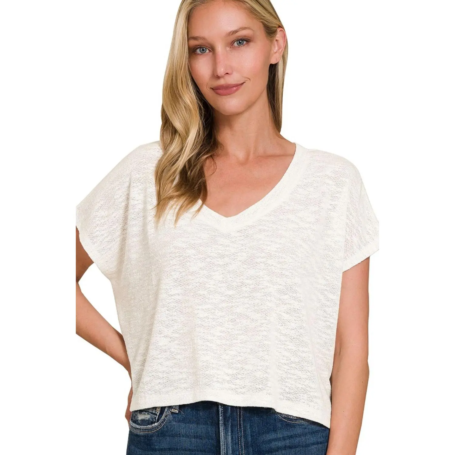 Zenana Hacci Slub V-neck Drop Shoulder Crop Top