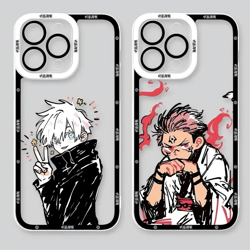 Kawaii Colored Line Art Chibi Style Jujutsu K-Kaisen JJK Exclusive Artistic Phone Cases For iPhone 17 Promax Pro Air 16 Plus 15 14 13 12 11 Transparent TPU Shockproof Protective Cover Gift For Birthday Christmas Valentine Halloween
