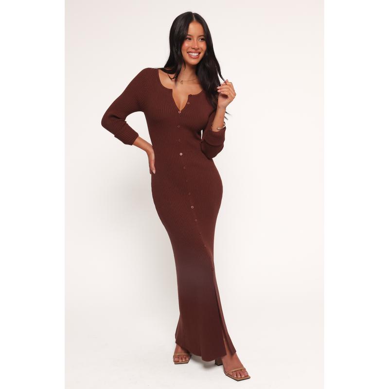Marshall Button Through Knit Maxi Dress - Chocolate