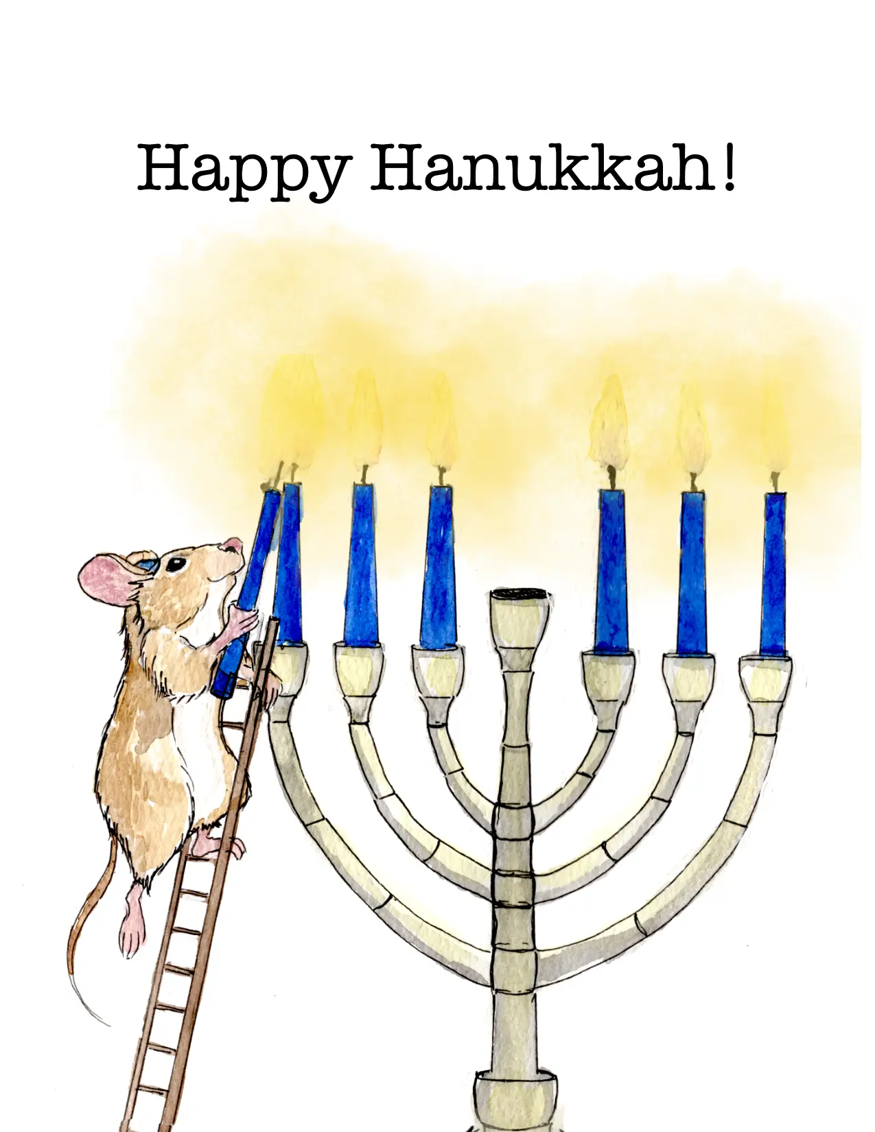 Hanukkah Greeting Card – Lamplighter Mouse Lighting the Menorah | 4.25 x 5.5 Inches