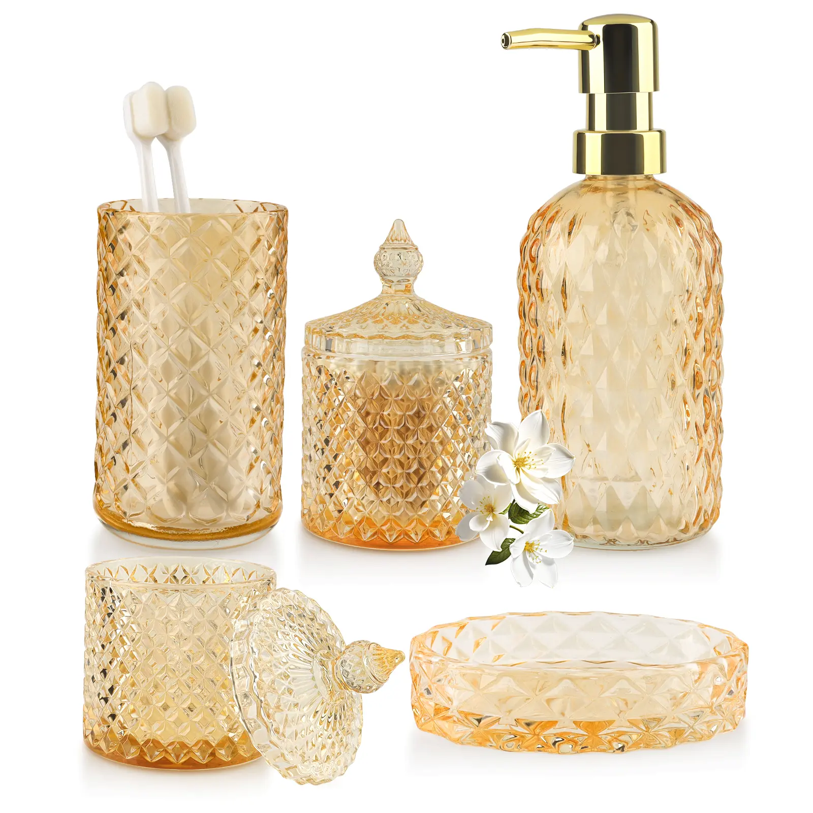 Vintage Crystal Finish Farmhouse 5-Piece Bathroom Vanity Accessory Set - Non-Slip Rubber, Emerald-Gold, Durable, 13.5oz Soap Dispenser Bottle, Tumbler, Soap Dish, Cotton Swab Holder, Boxed (Ideal Gift for Friends, Colleagues)