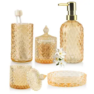 5-Piece Vintage Glass Bathroom Vanity Accessory Set - Non-Slip Farmhouse Modern Emerald & Gold Counter Sink Kit, Includes 13.5oz Hand/Lotion Soap Dispenser, Tumbler, Soap Dish, Qtip Holder (Ideal Home Bathroom Gift)