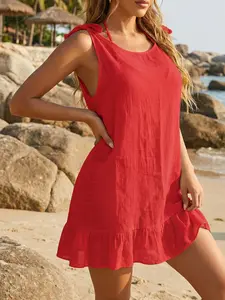 Butterfly Knot Backless Sheer Beach Short Skirt, Ruffle Design, Bikini Cover-Up Dress, Elegant Loose-Fit, All-Season Wear
