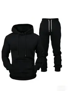 2026 Spring/Autumn New Men's Casual Sportswear Two-Piece Set - Solid Color Hooded Sweatshirt + Cuffed Sweatpants Set with Regular Fit Drawstring Design, Suitable for Daily Street Wear and Home Leisure Activities